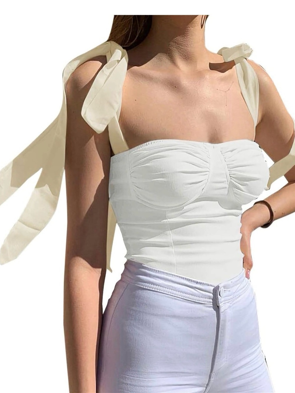 Women's White Tie-Shoulder Bustier Tank Top